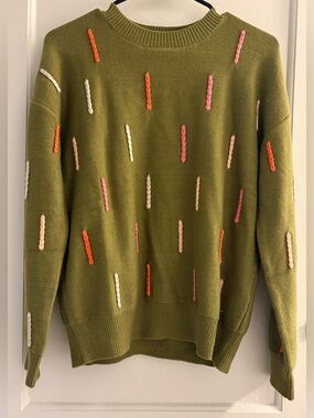 THML Dash Sweater in Olive featuring multi-color dash stitching NWT